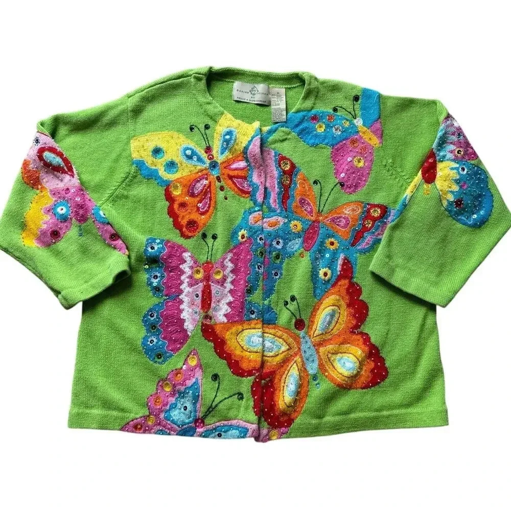 DESIGN OPTIONS women's BUTERFLY Cardigan sweater, Size XL
